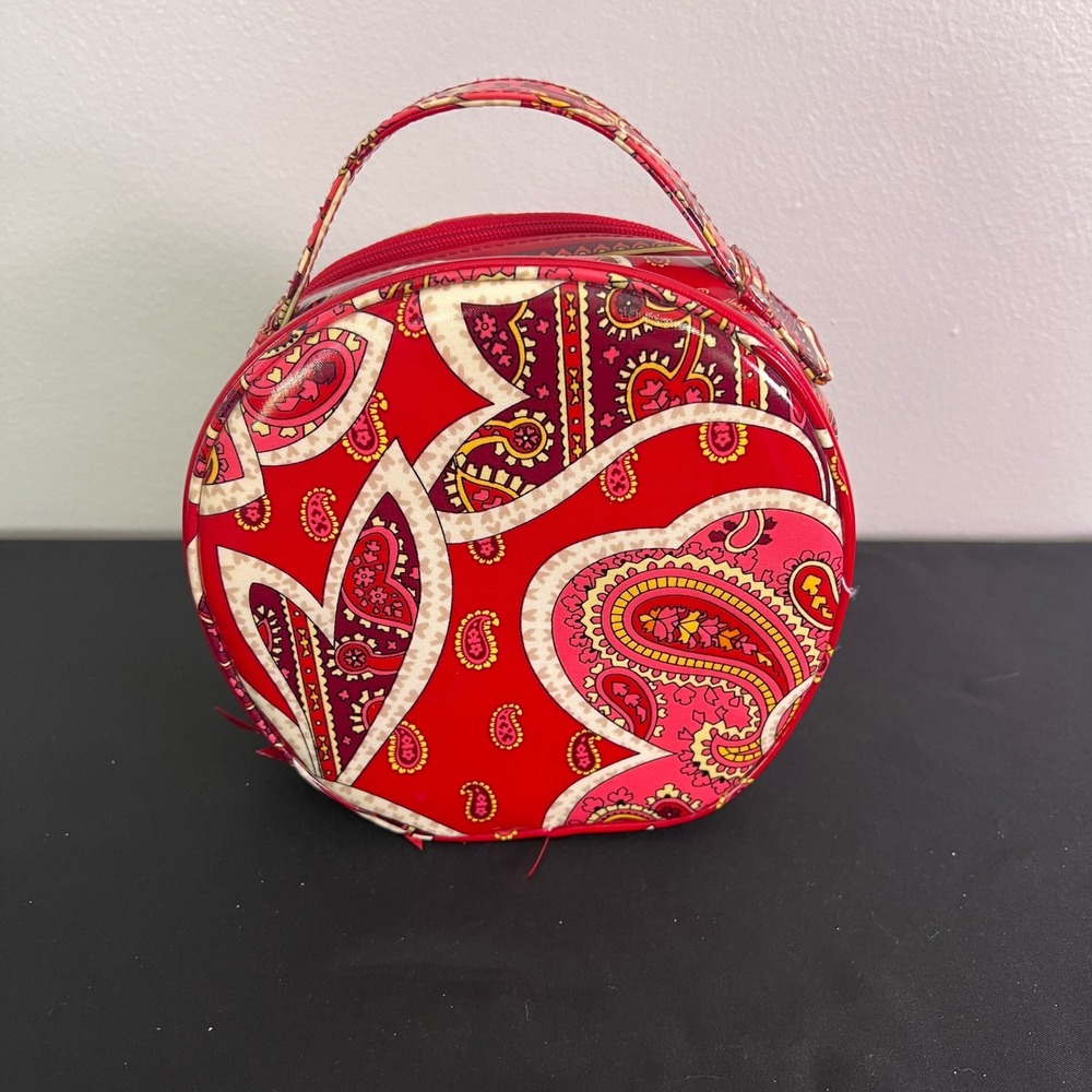 Vera Bradley Cosmetic Case Small Red Rosy Posies Paisley Round Travel Vanity Bag
